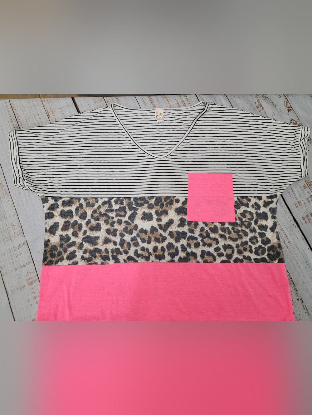 Womens Striped, Leopard & Pink Colorblock Top